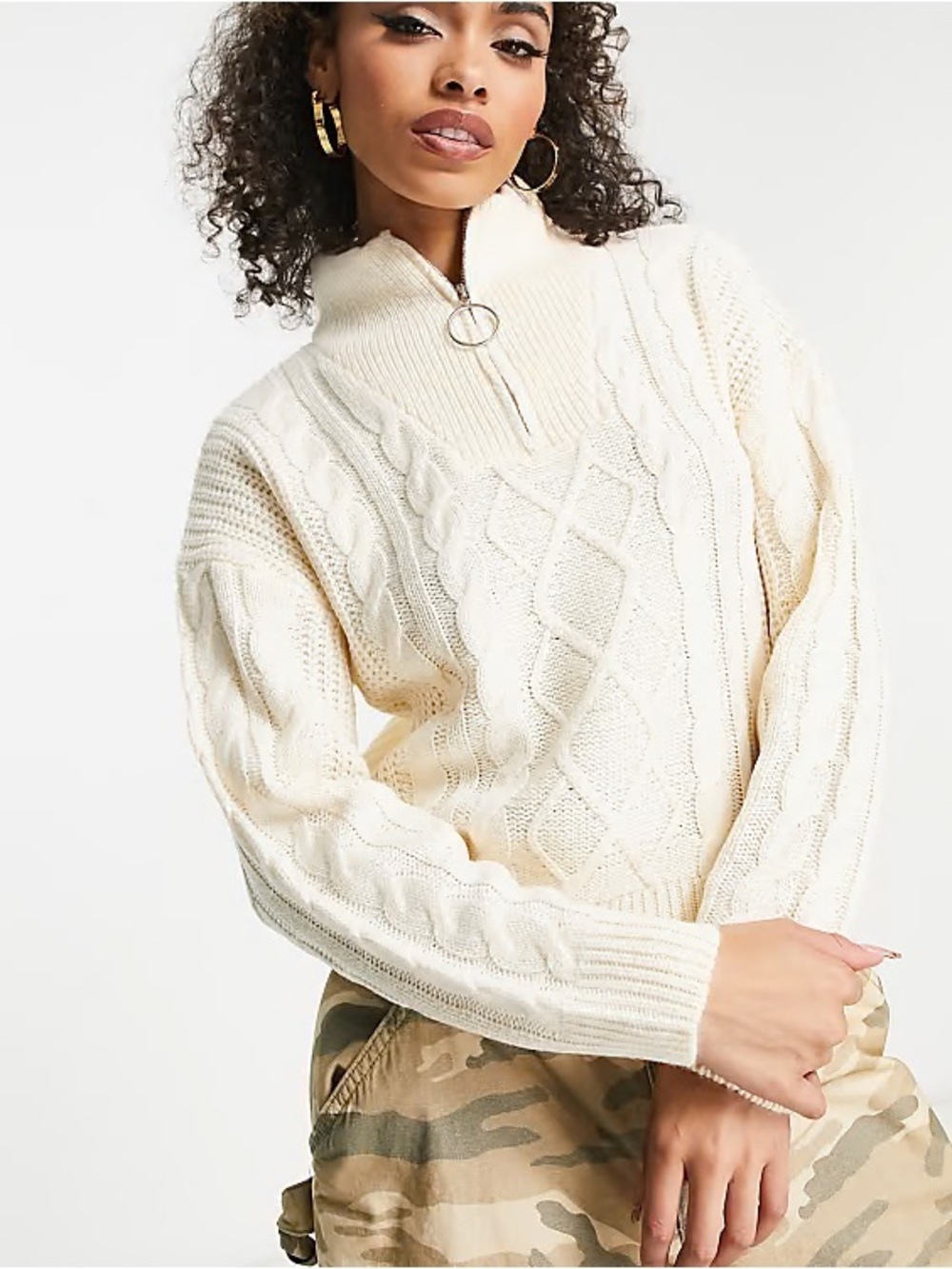 NWT ASOS Cream Cable-Knit Quarter Zip Turtleneck Sweater
